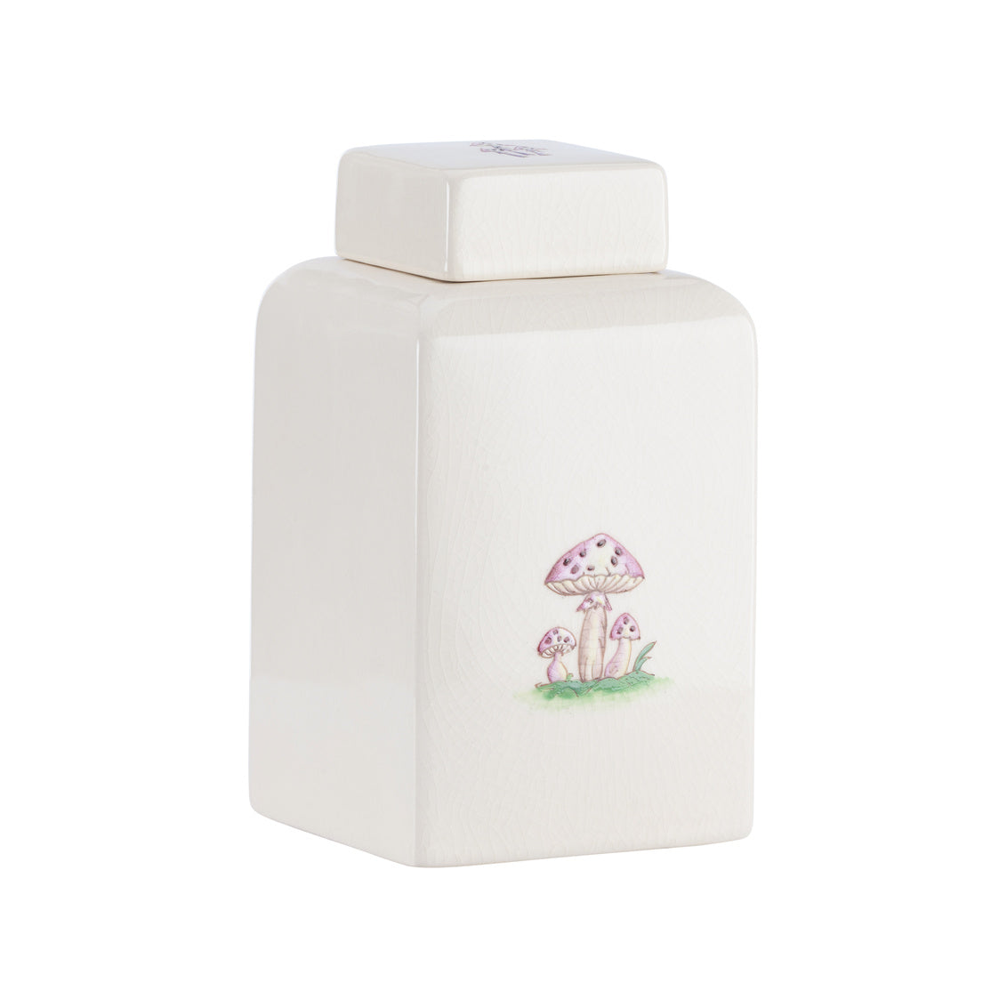 Mushroom Jar - Medium has a whimsical hand-painted mushroom on creamy glaze