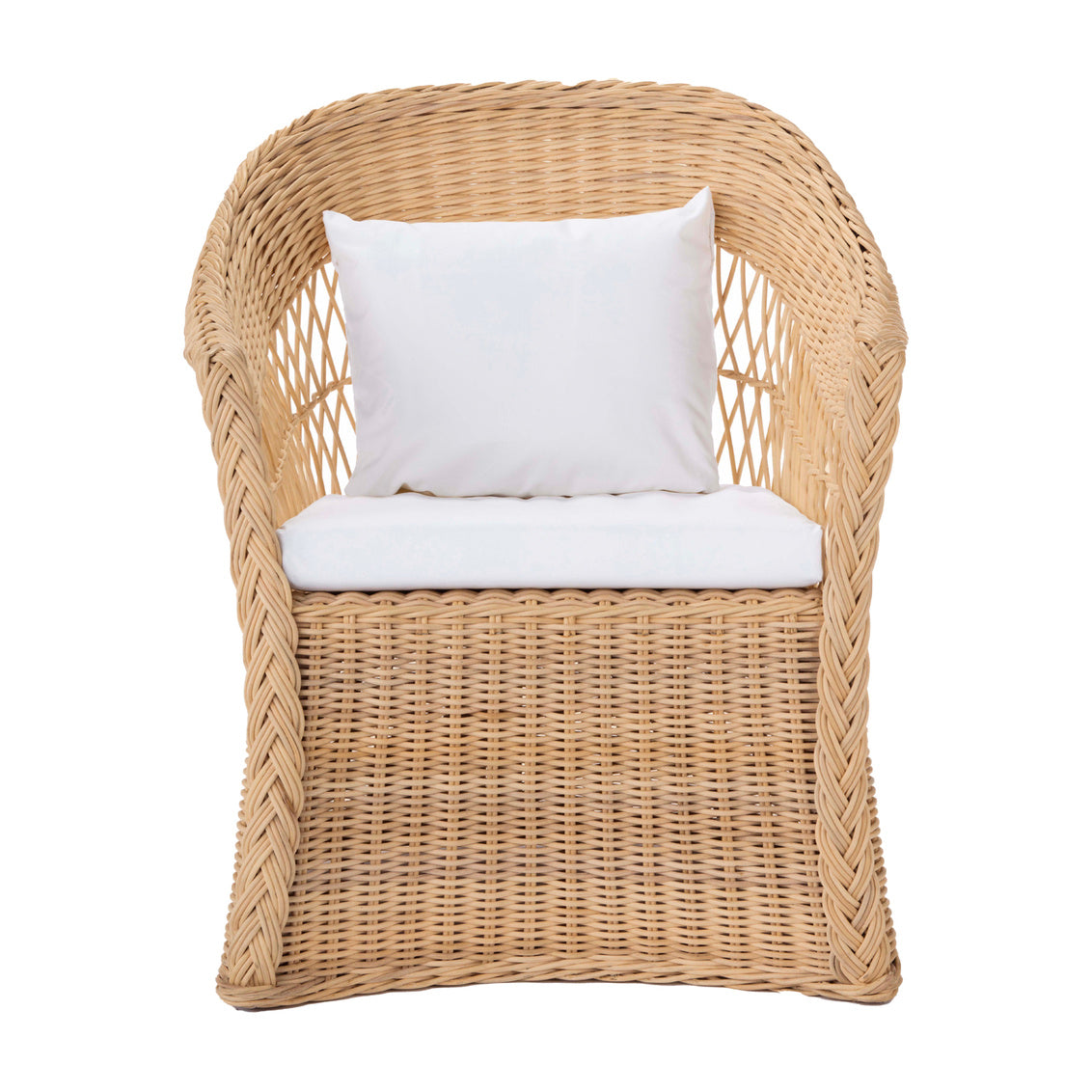 Worth Chair by Amanda Lindroth front view. Seat cushion included, back pillow is not