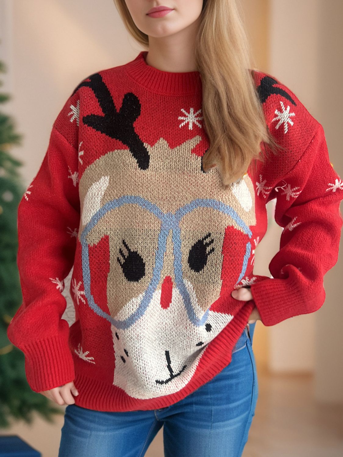 Reindeer Round Neck Dropped Shoulder Sweater in scarlet