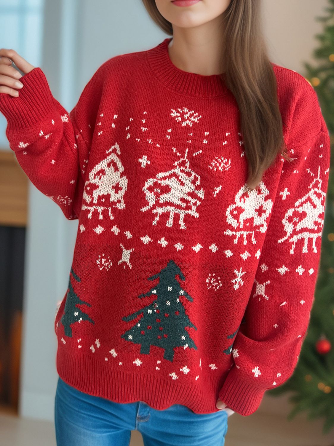 Christmas Element Round Neck Long Sleeve Sweater in scarlet