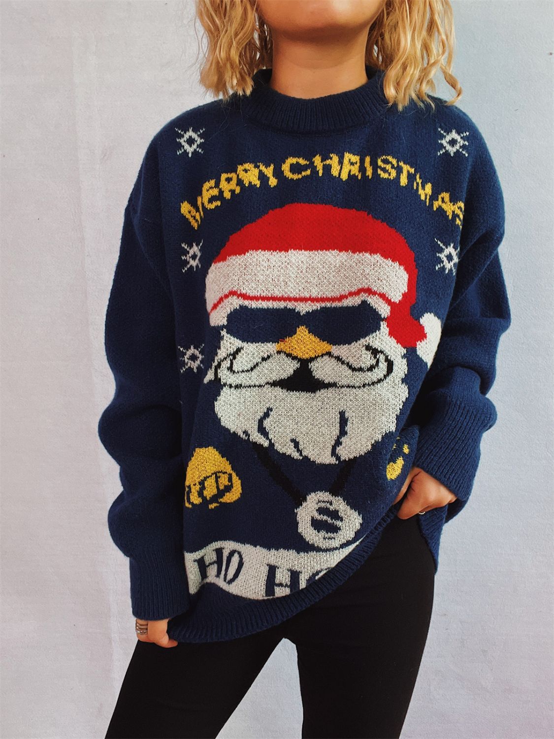 Santa Round Neck Long Sleeve Sweater in dark blue