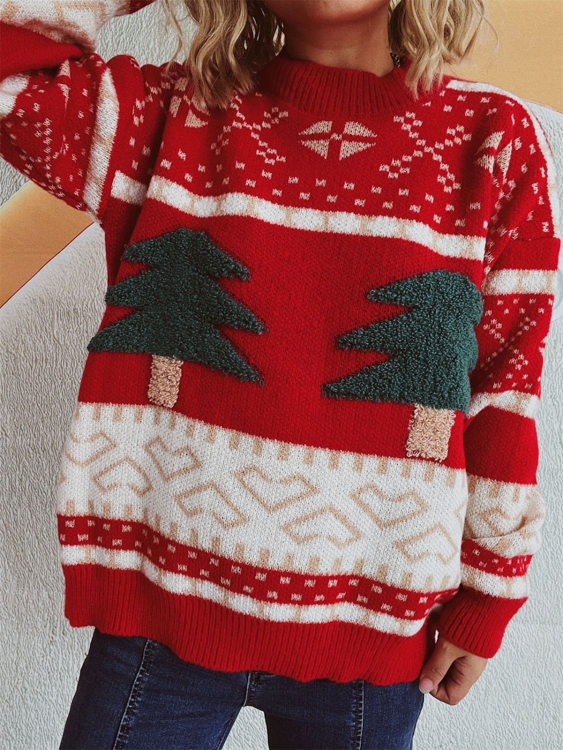 Christmas Tree Mock Neck Long Sleeve Sweater in scarlet