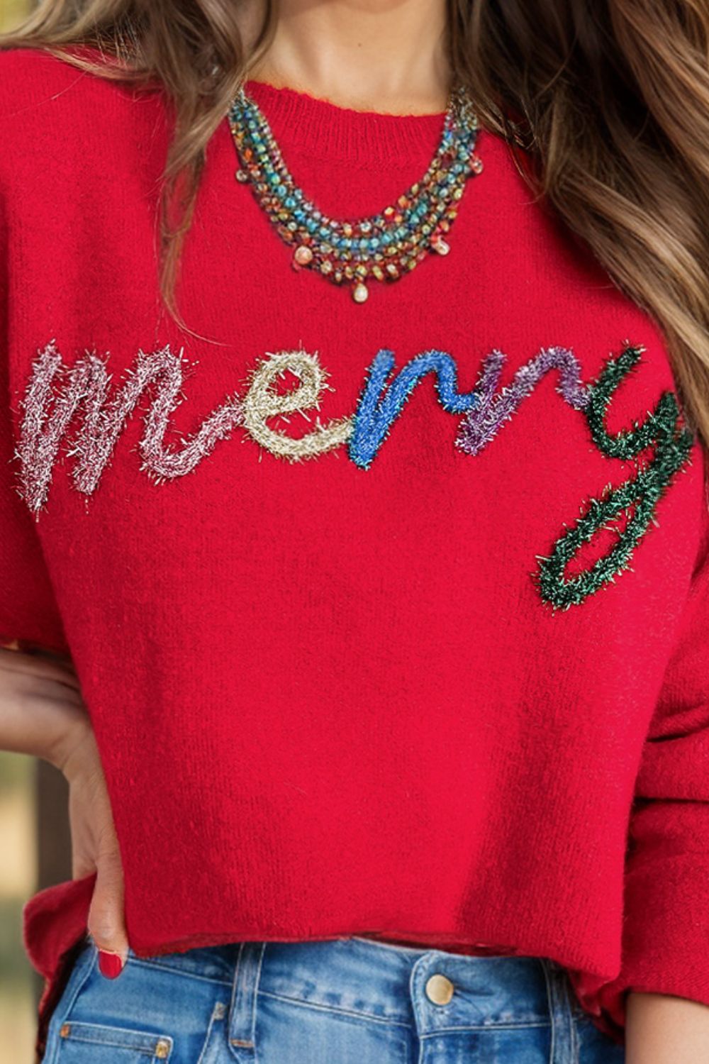 MERRY Round Neck Long Sleeve Sweater in deep red