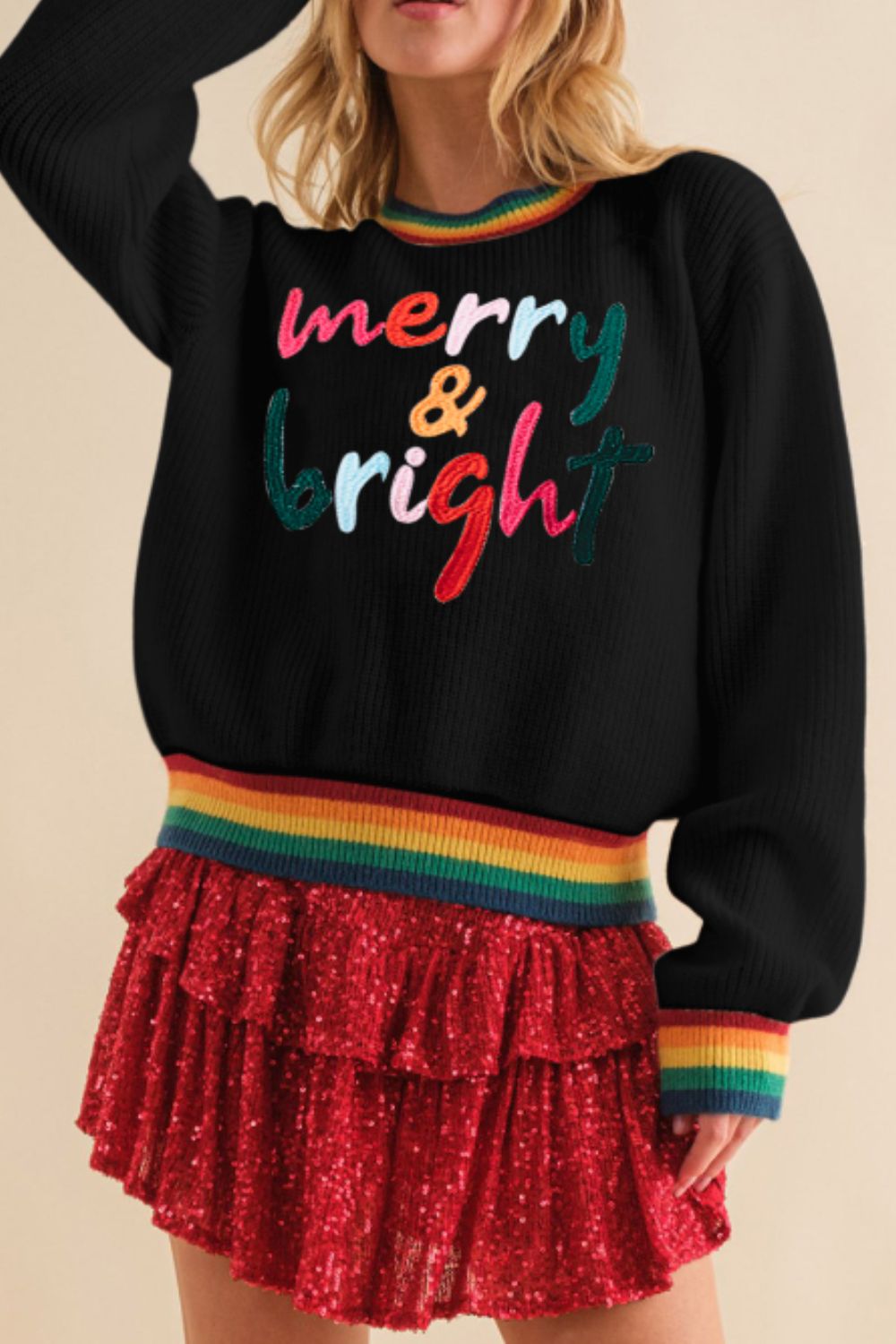 MERRY & BRIGHT Ribbed Round Neck Sweater in black