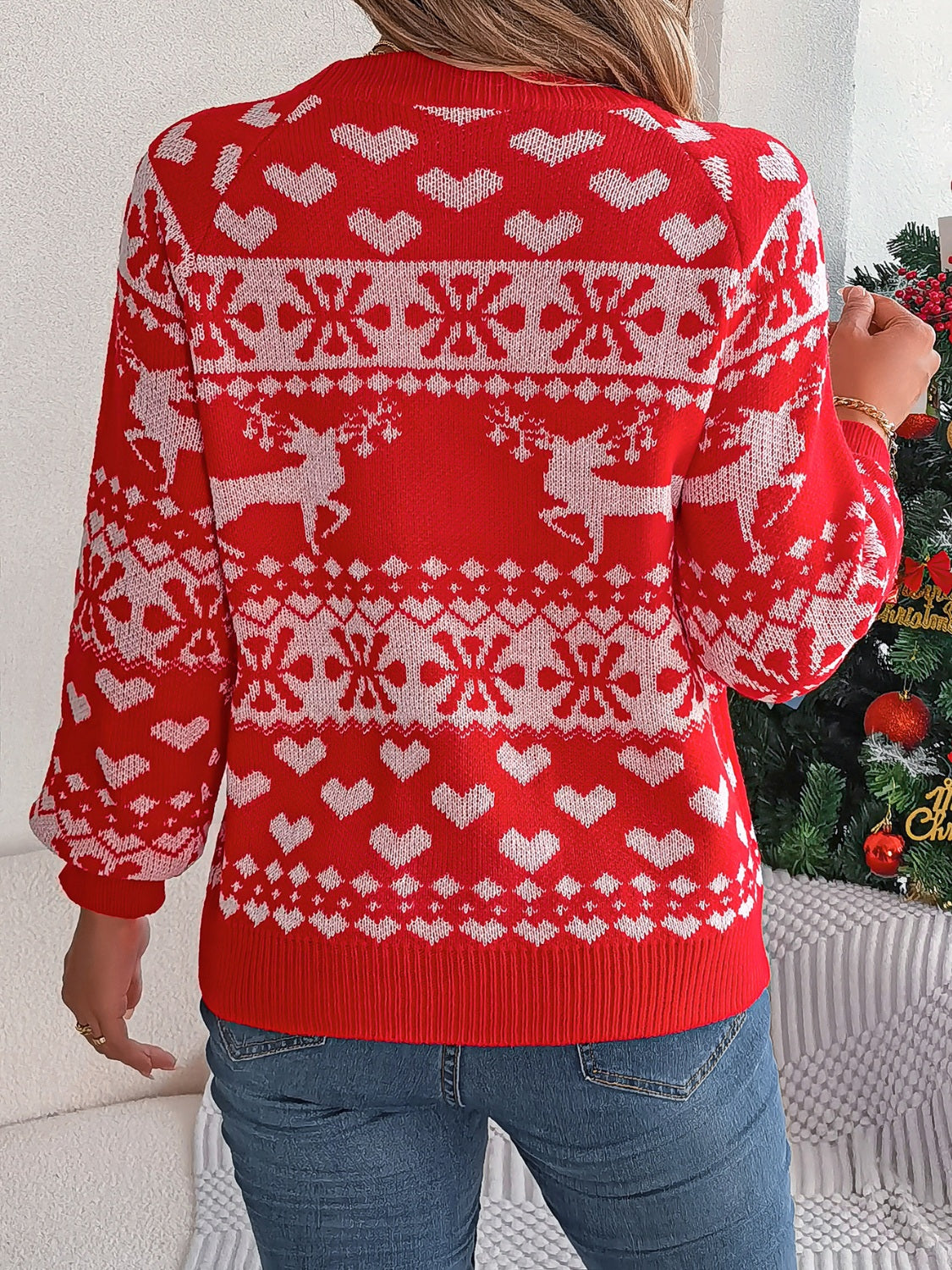 Christmas Element Round Neck Long Sleeve Sweater in red