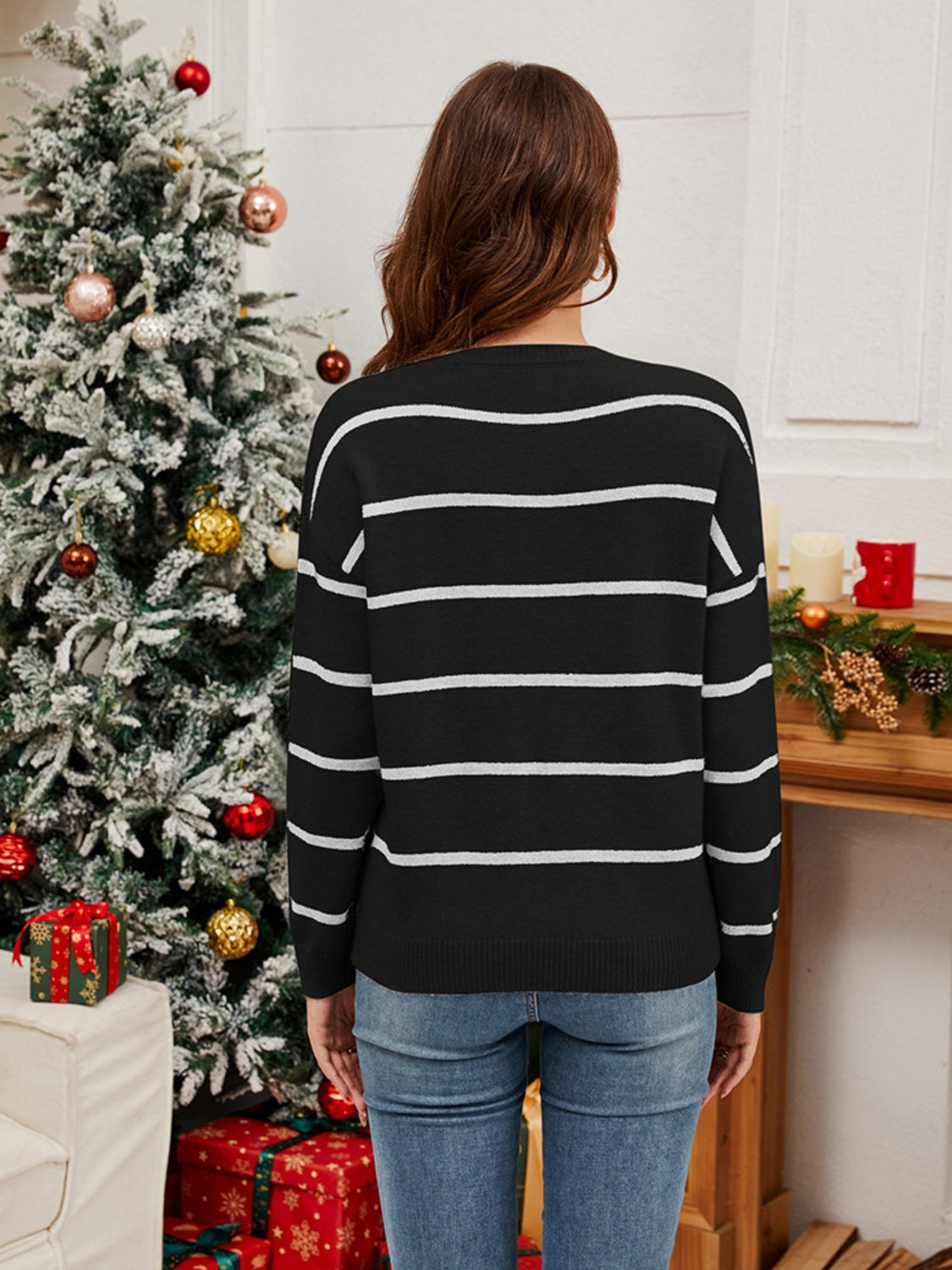 Sequin Santa Striped Round Neck Long Sleeve Sweater in black