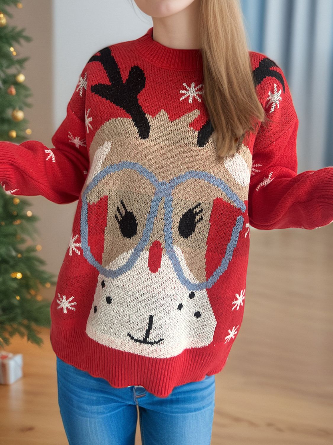 Reindeer Round Neck Dropped Shoulder Sweater in scarlet