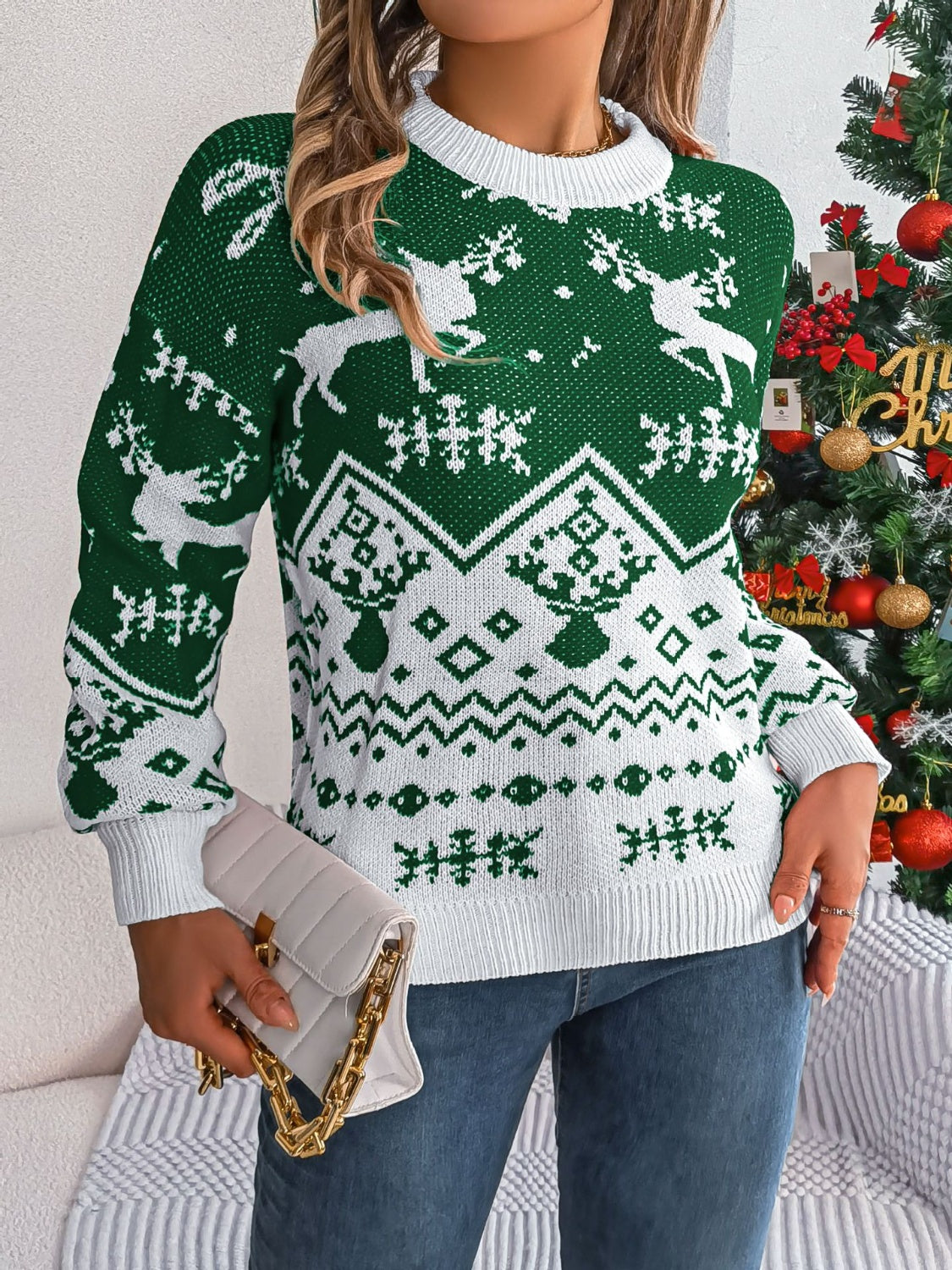 Christmas Element Round Neck Long Sleeve Sweater in dark green