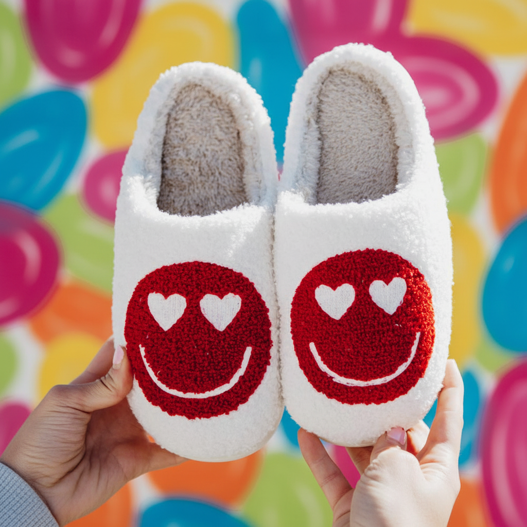 Heart Eyes Red Happy Face Slippers held up showing red smiley face with white heart-shaped eyes on white sherpa