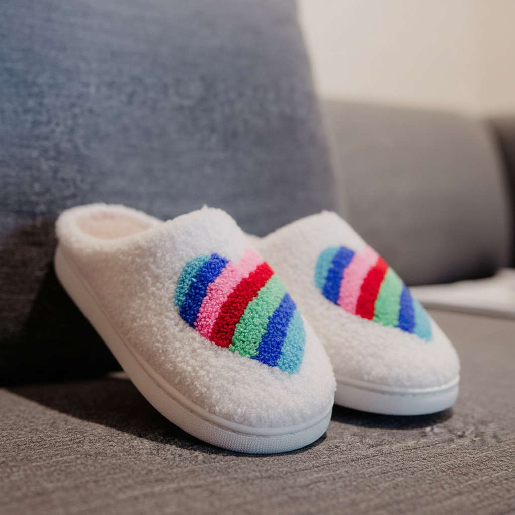 Rainbow Heart Fuzzy Valentine Slippers side by side on grey sofa showing multicolor striped heart in teal, blue, pink, red, and mint on white sherpa