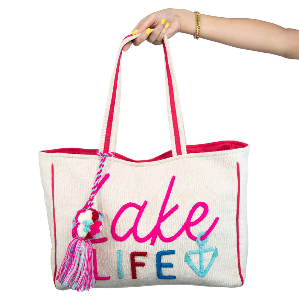 Lake Life Tote Bag with colorful tassel pom pom