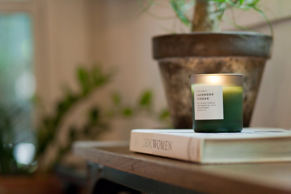 Slow North 100% Lavender and Cedar essential oil wax candle lifestyle image