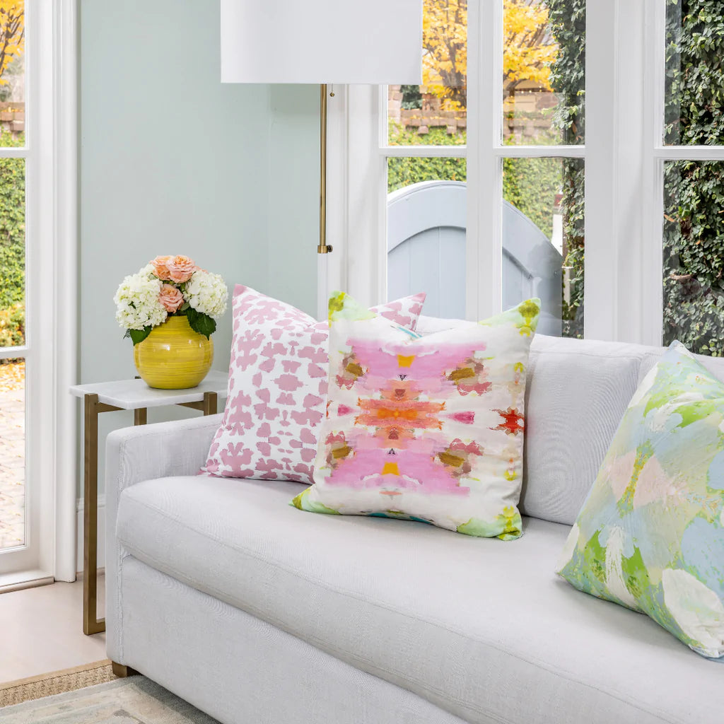 Chintz Rose Throw Pillow in sofa display with Giverny and Elephant Falls pillows