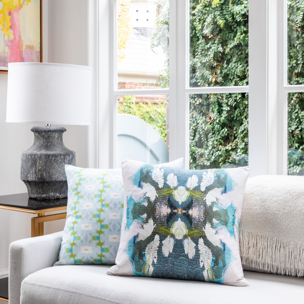 Peacock Blue Linen Cotton Pillow from Laura Park Designs in a variety of blues shown with Chloe Blue