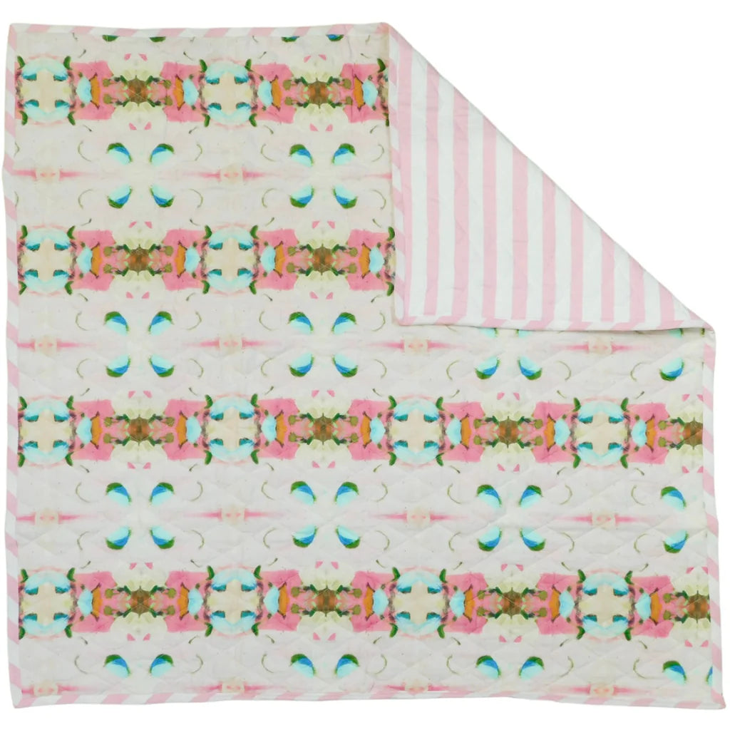 Monet's Garden Pink Baby Blanket with pink pattern on face and pink and white stripes on reverse