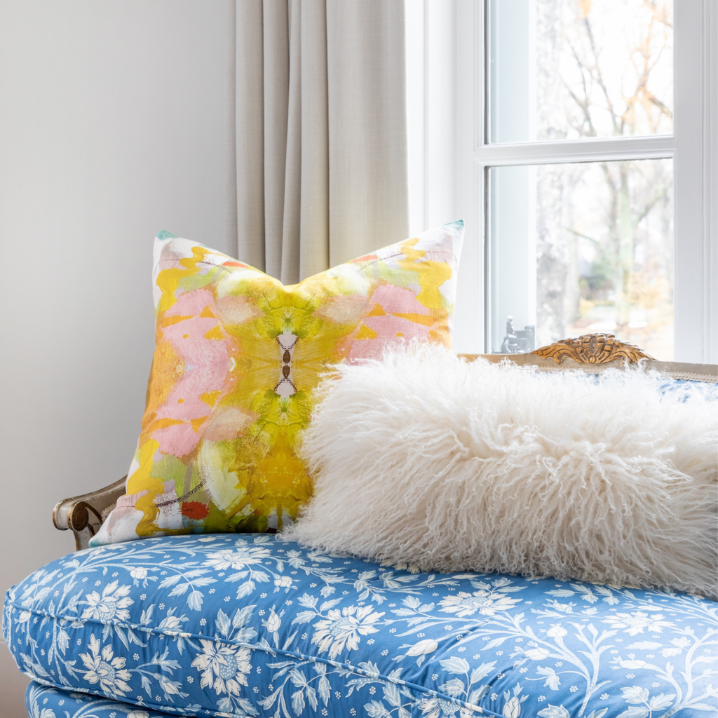 Jardin Yellow Linen Pillow in setting with pouf