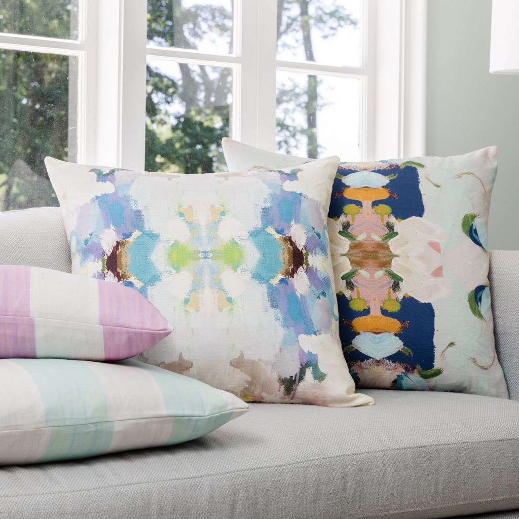 Monet's Garden Navy Linen Throw Pillow in sofa display