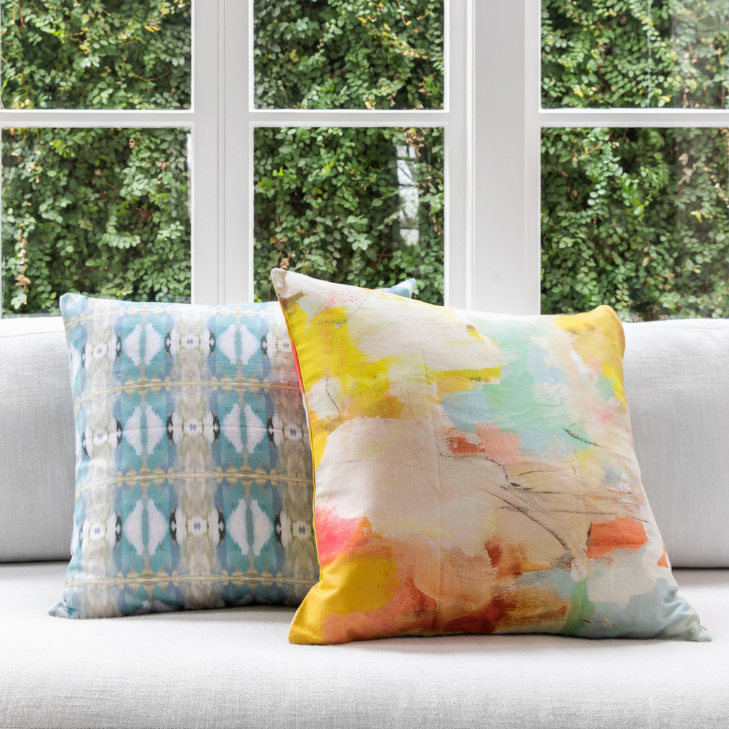 Little Chapel Light Blue Linen Throw Pillow sofa display