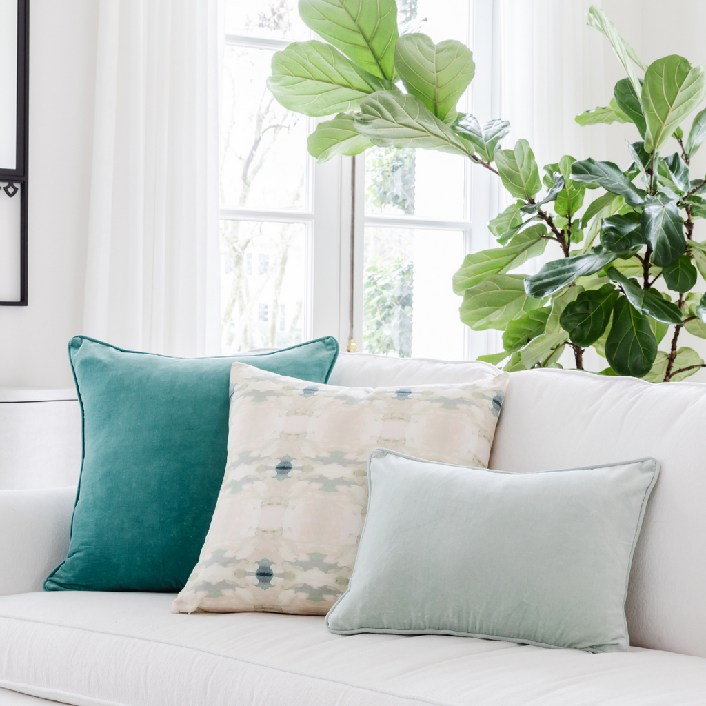 Coral Bay Blue Linen Throw Pillow in sofa display