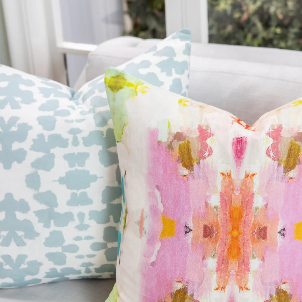 Chintz Mist Throw Pillow in sofa display with Giverny pillow