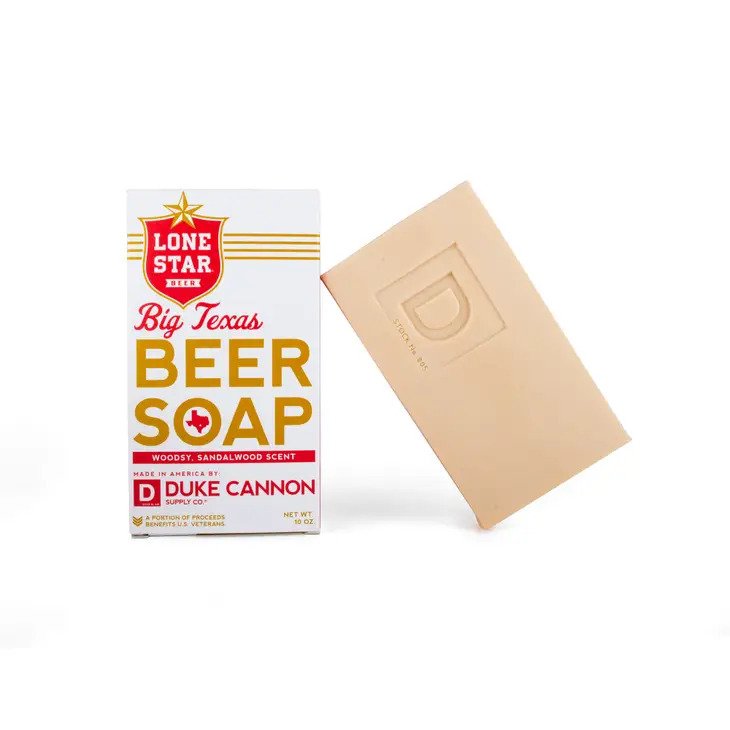 Big Texas Beer Soap 10 ounce bar soap leaning against package