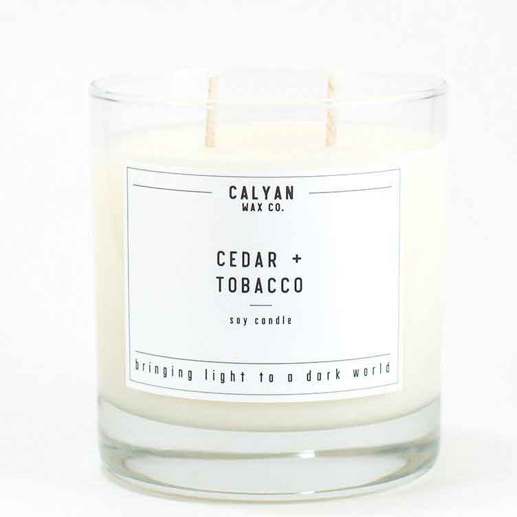 Calyan Glass Tumbler Candle Cedar and Tobacco Scents