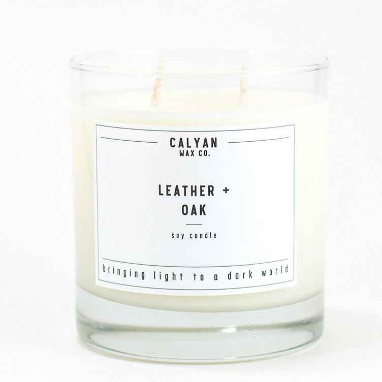 Calyan Glass Tumbler Candle Leather and Oak Scents