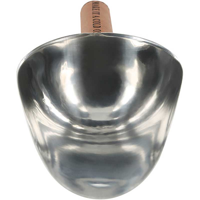 Cold One Ice Scoop in stainless steel with vegan leather handle front view