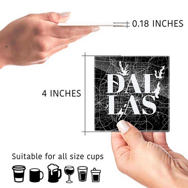 Dallas Map Square Glass Coaster Set dimensions
