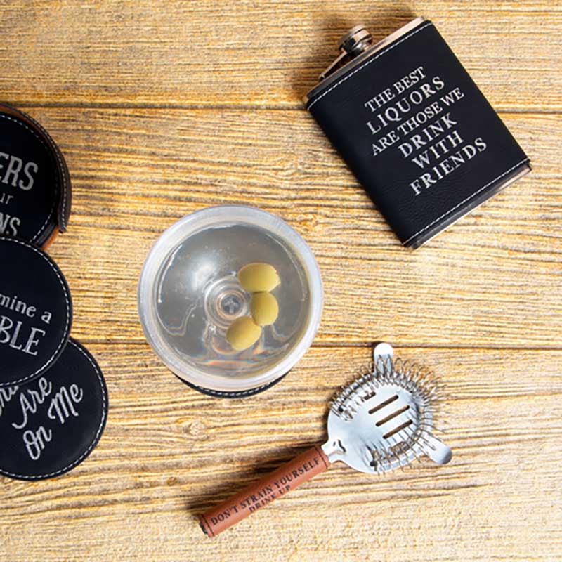 Don't Strain Bar Strainer in stainless steel and vegan leather bar setting