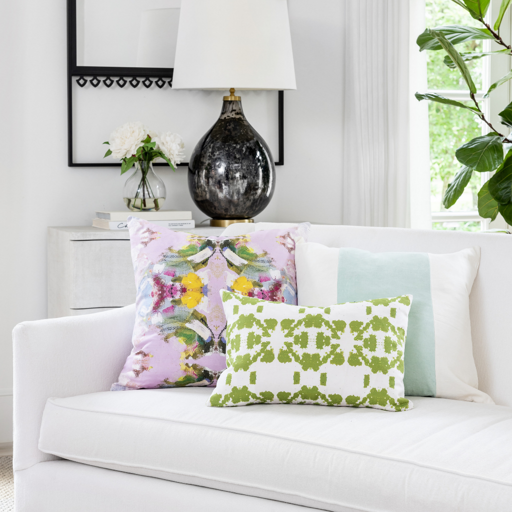 Poppy Pink Linen Throw Pillow shown with Mosaic Green