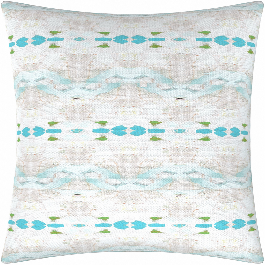 Flower Child Blue linen pillow with shades of blue from Laura Park Designs. Square throw pillow 26"