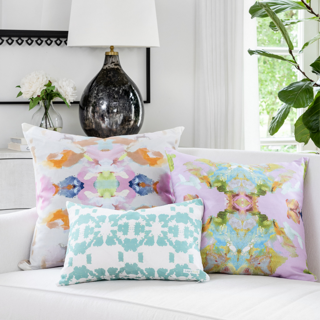 Buttercup Linen Throw Pillow shown with Mosaic Turquoise and Stained Glass Lavender