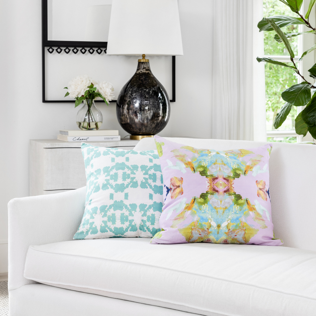 Stained Glass Lavender Linen Throw Pillow shown with Mosaic Turquoise