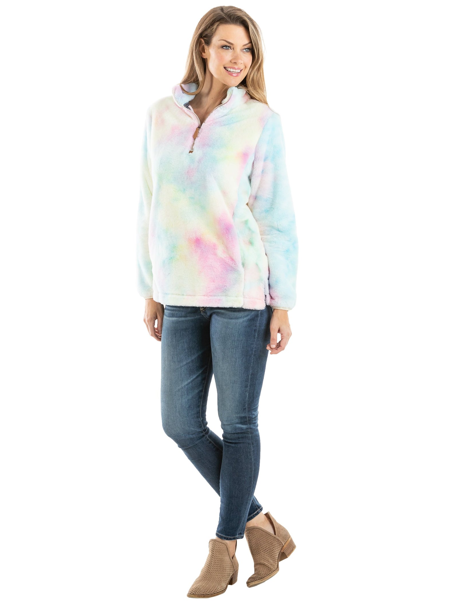 Tie Dye Faux Fur Women's Sherpa Pullover (#1) in rainbow colors