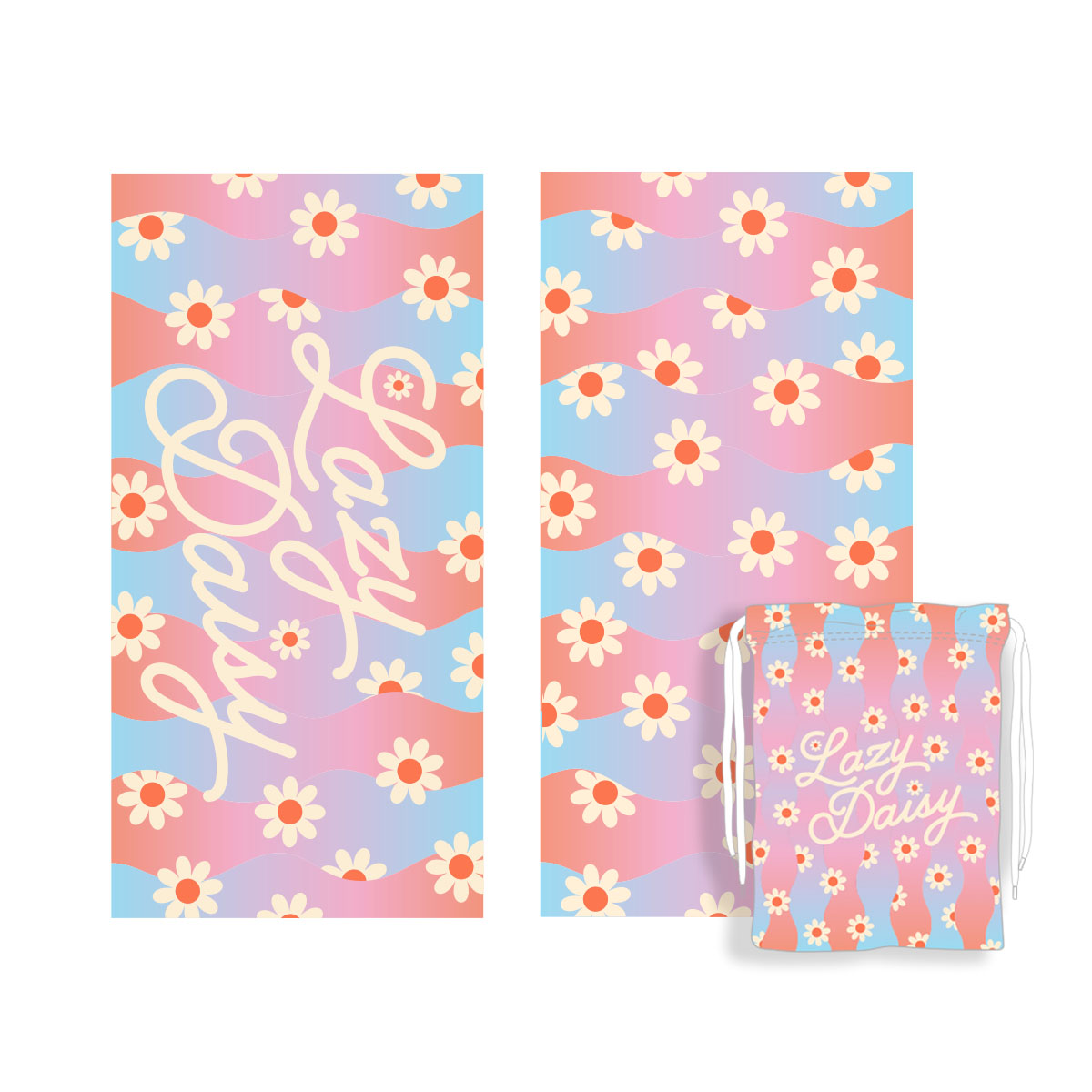 Lazy Daisy Quick Dry Beach Towel with a matching carry pouch