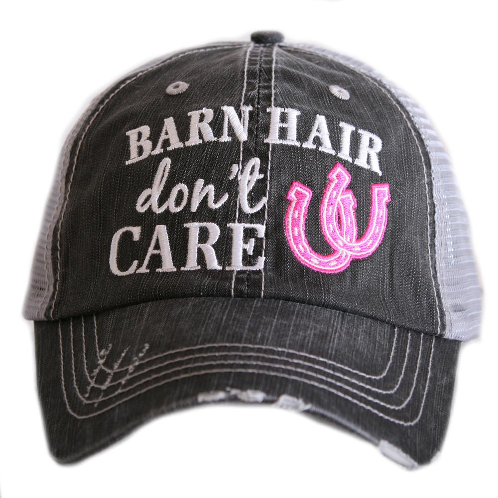 Barn Hair Don't Care embroidered trucker hat with hot pink horseshoes by Katydid