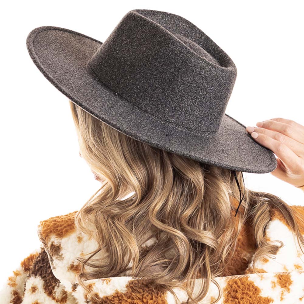 Dark Grey Wide Brim Felt Hat for Women crown close-up