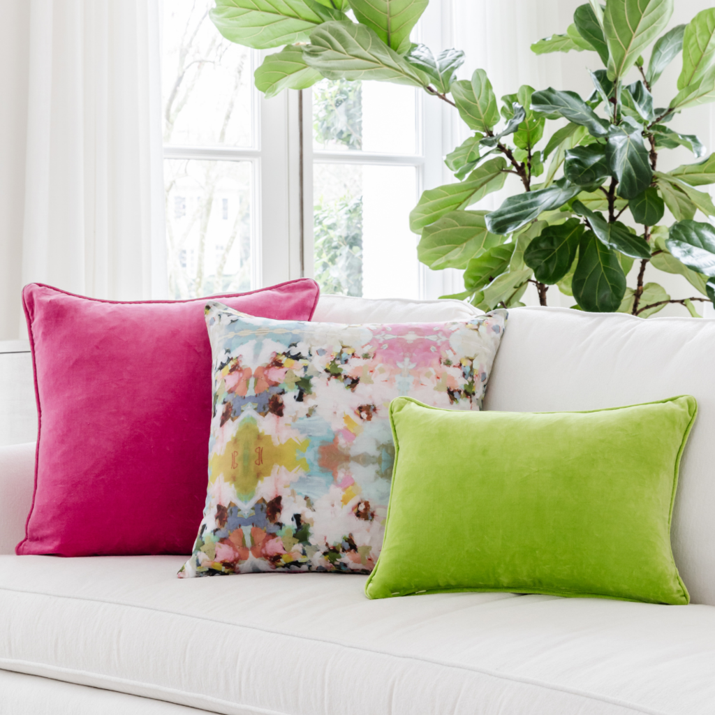 Little Chapel 22" square throw pillow from Laura Park Designs sofa display