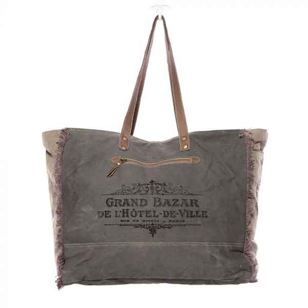 Floral print weekender bag of canvas, leather and hairon from Myra Bag back view