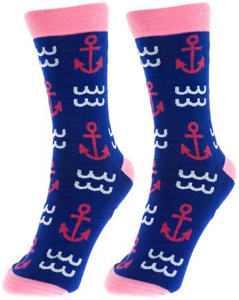 Nauti Girls Ladies Socks comfy blue and pink crew socks front view