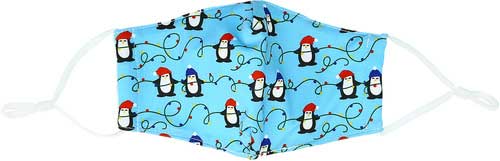 Penguins & Lights kid's mask with Penguins wearing caps stringing Christmas lights flat view