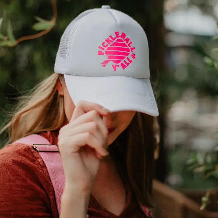 Pickle Ball Y'all Foam Trucker Hat in white with pink design