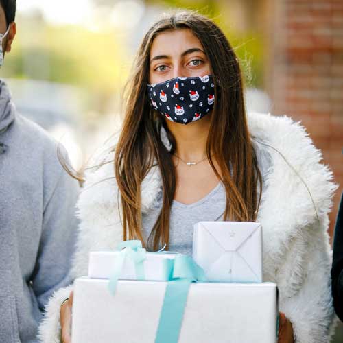 Santa Cat kid's face mask with cats in red caps and paw prints teenager with gifts