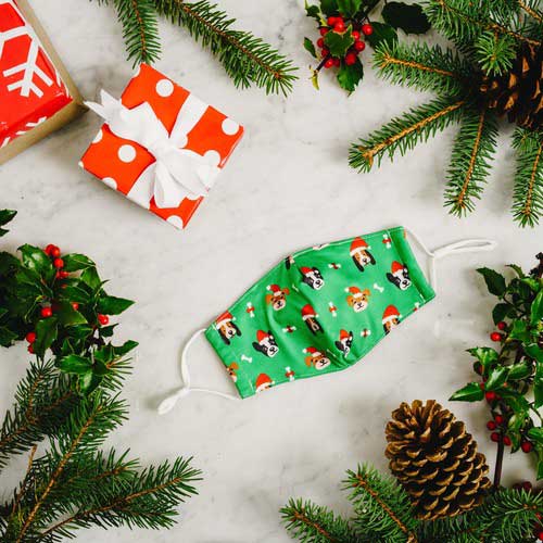 Santa Dog Kid's Mask with dogs in red caps and bones under tree