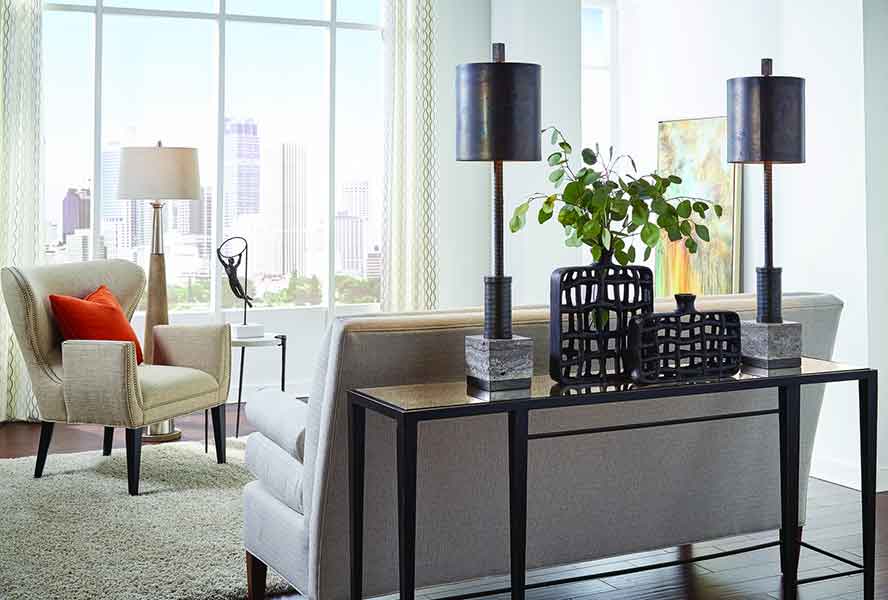 Circuit Lamp in iron and marble with scorched bronze finish from WIldwood living room setting