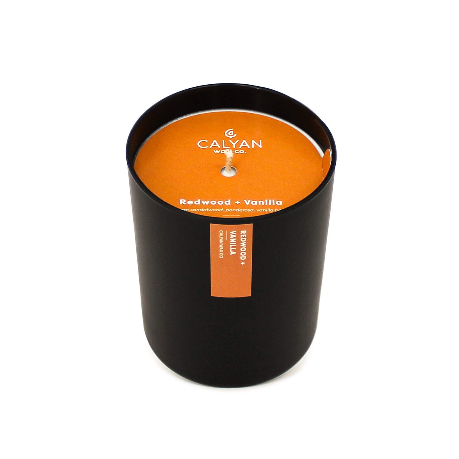 Black matte glass tumbler candle Redwood + Vanilla fragrance from Calyan Wax Company