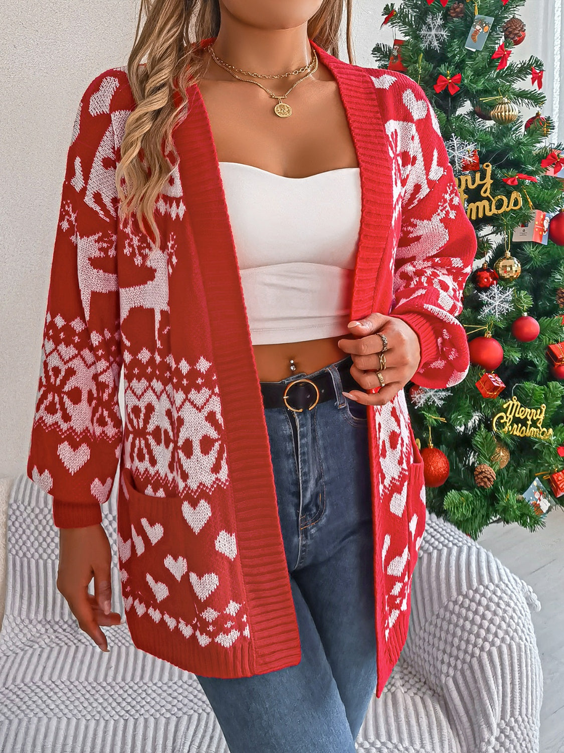 Pocketed Open Front Long Sleeve Cardigan in deep red