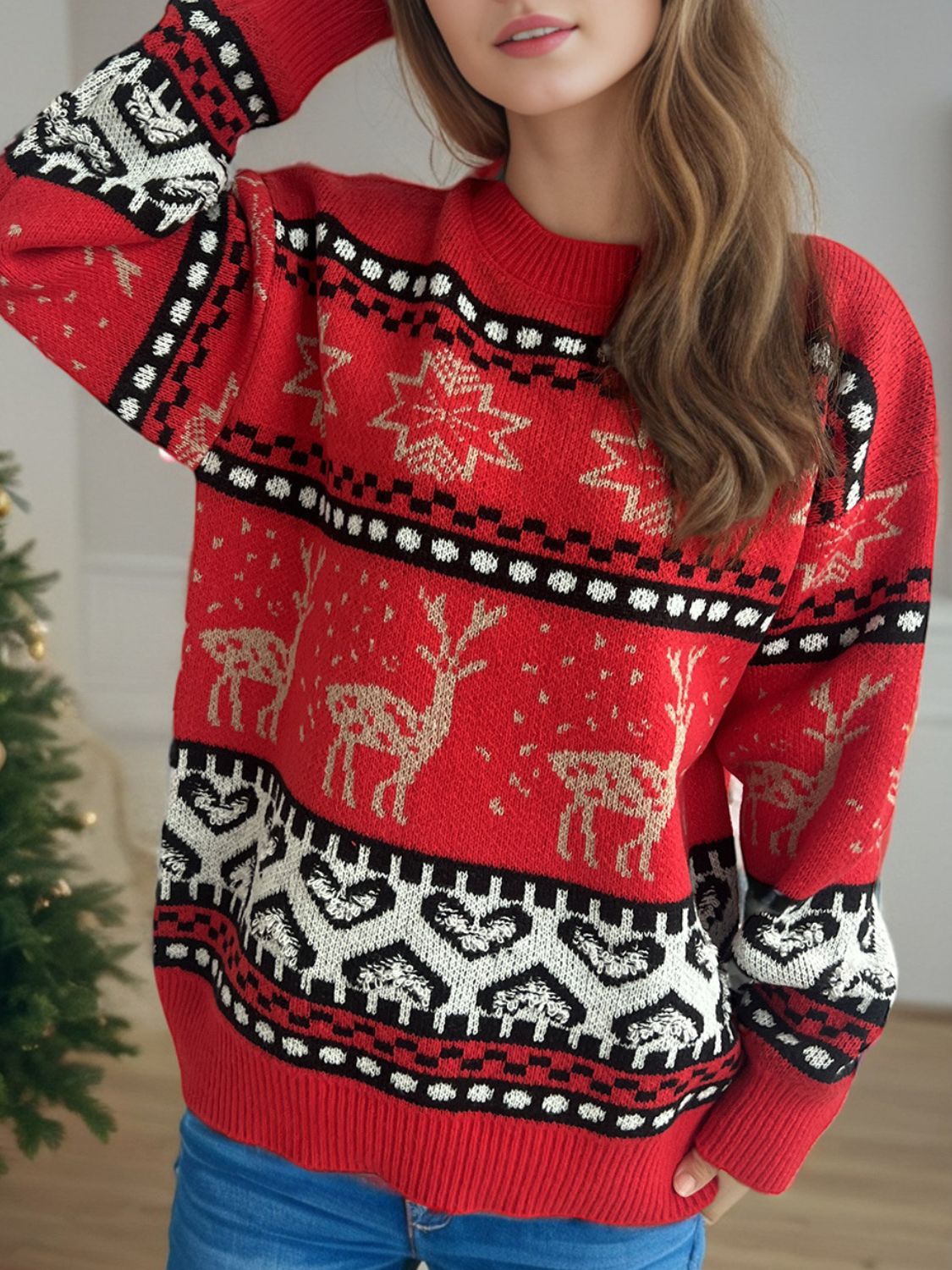 Christmas Element Round Neck Long Sleeve Sweater in deep red
