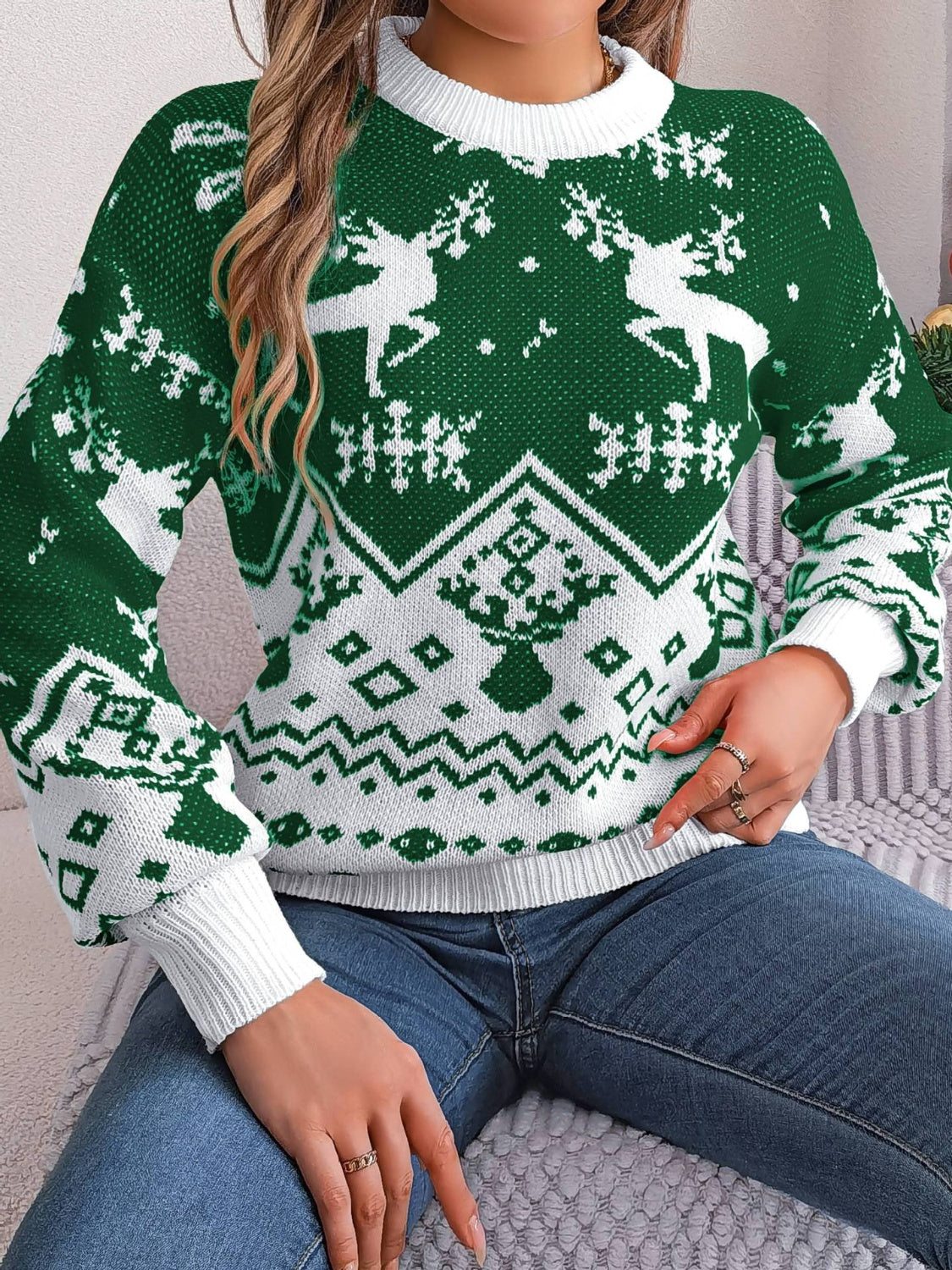 Christmas Element Round Neck Long Sleeve Sweater in dark green